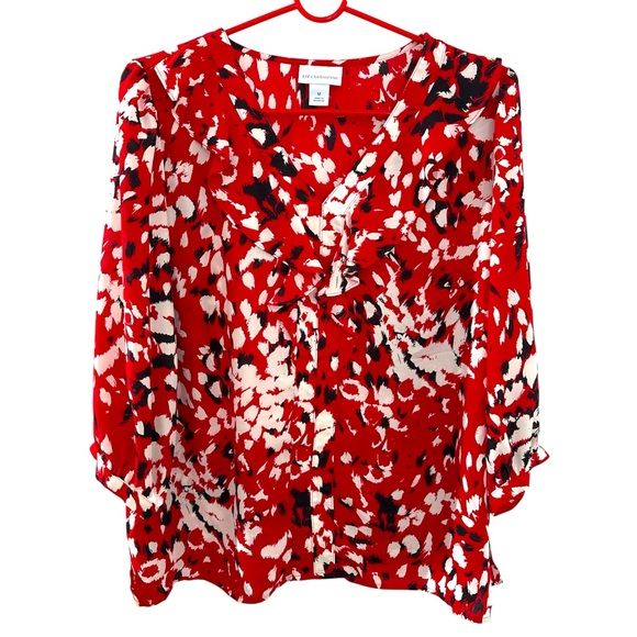 NWT Liz Claiborne Cabaret Red Cht Patterned V-Neck Blouse Women’s Size Medium - Picture 1 of 9